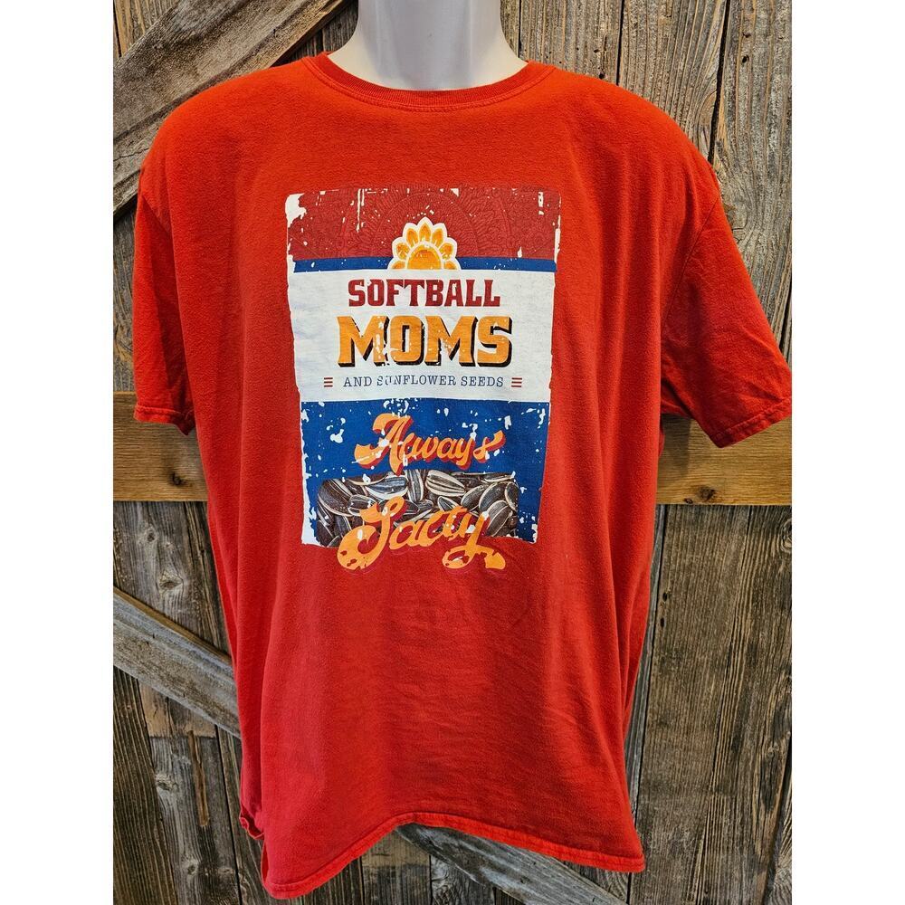 Softball moms t shirt always salty funny humor XL gildan EUC red short sleeve #